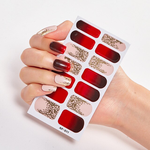 Selbstklebende Nagelsticker 14-teilig – Trendfarben Rot, Rosa & Bordeaux | Glänzende Nail Wraps