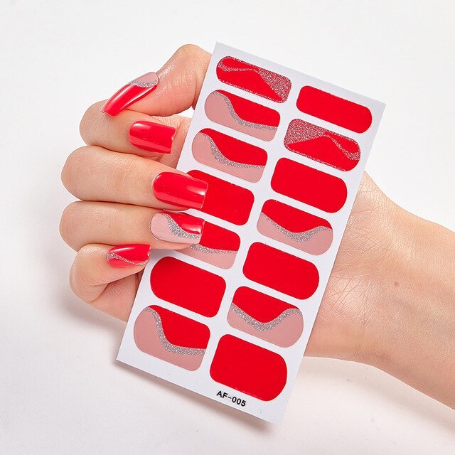 Selbstklebende Nagelsticker 14-teilig – Trendfarben Rot, Rosa & Bordeaux | Glänzende Nail Wraps