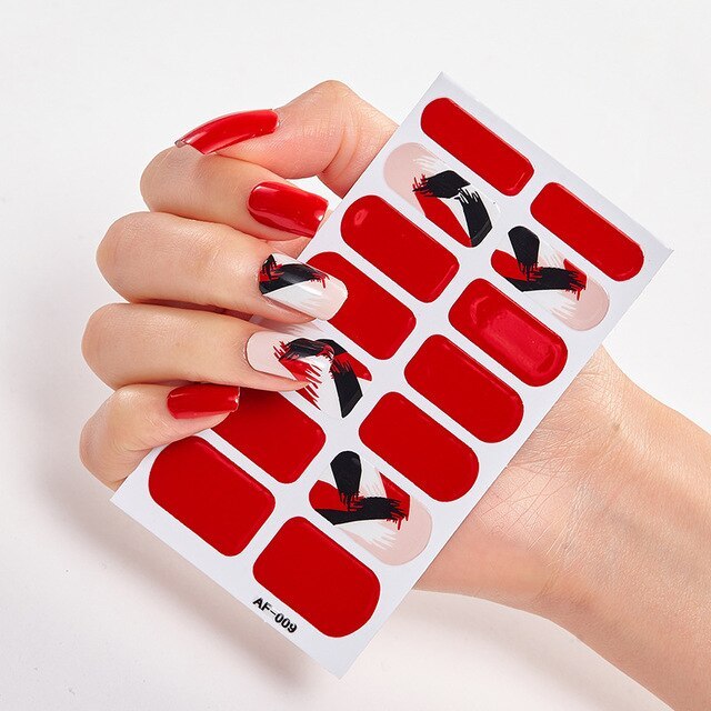 Selbstklebende Nagelsticker 14-teilig – Trendfarben Rot, Rosa & Bordeaux | Glänzende Nail Wraps