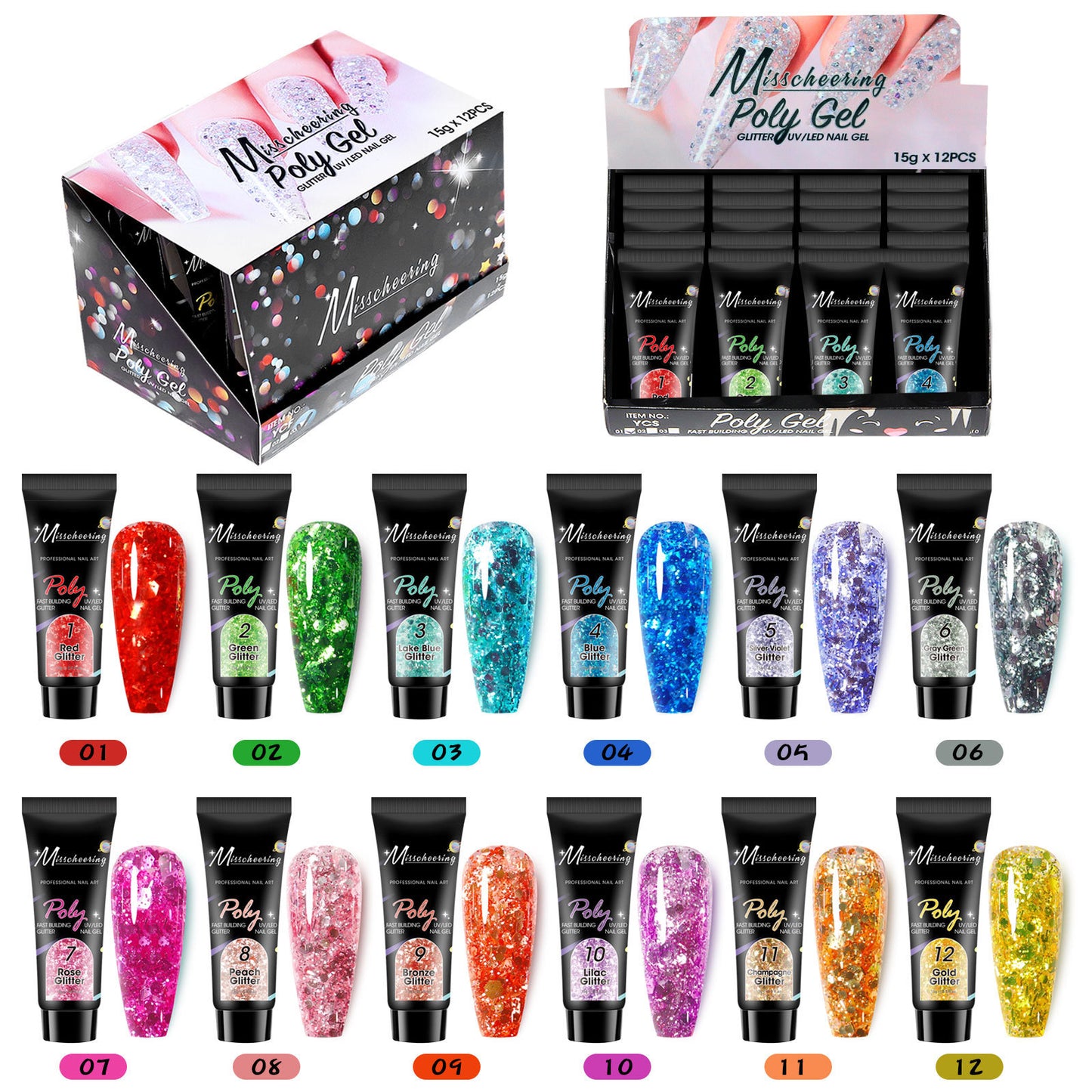 Nagelverlängerungsset mit Pailletten in 12 Farben