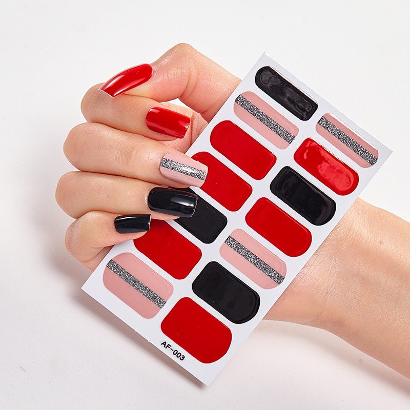 Selbstklebende Nagelsticker 14-teilig – Trendfarben Rot, Rosa & Bordeaux | Glänzende Nail Wraps