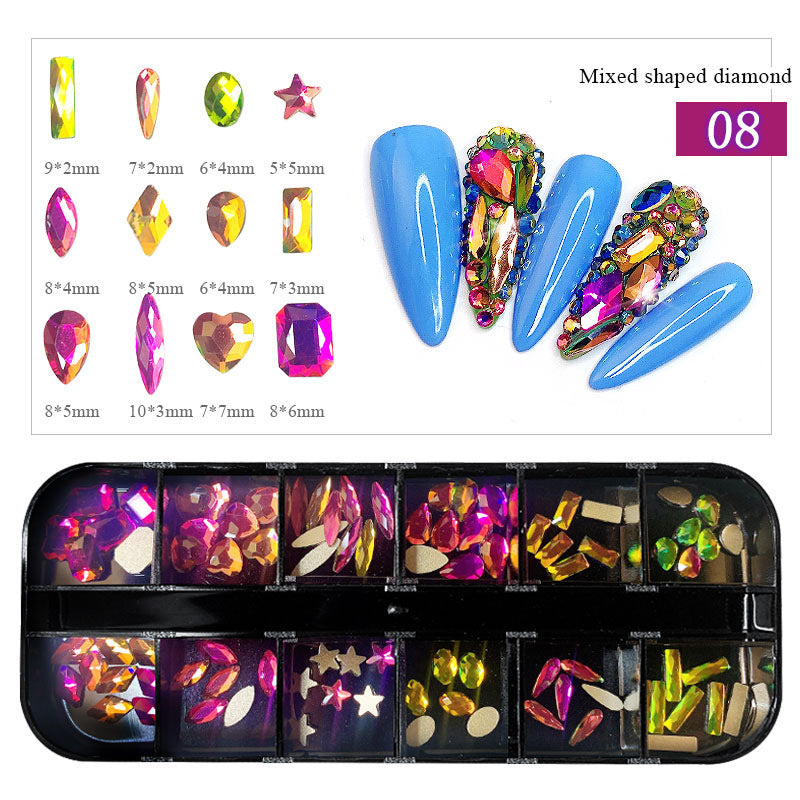 12-fach Acryl Nailart Strass-Set – Flachbodige Schmucksteine in Box – Glitzersteine für Nägel