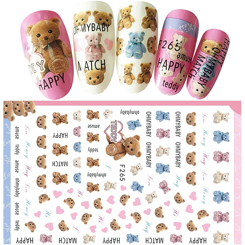 4er Set Nail Sticker – Süße Cartoon-Bären & Herzen für kreative Maniküre