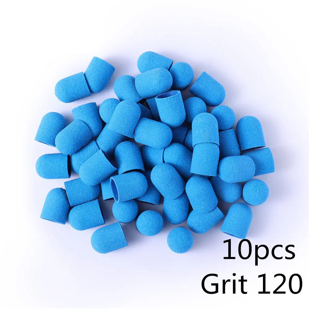 Schleifkappen 5/10/20 Stück – Verschiedene Farben & Grits (80/120/180) + Gummikopf für Nagelfräser