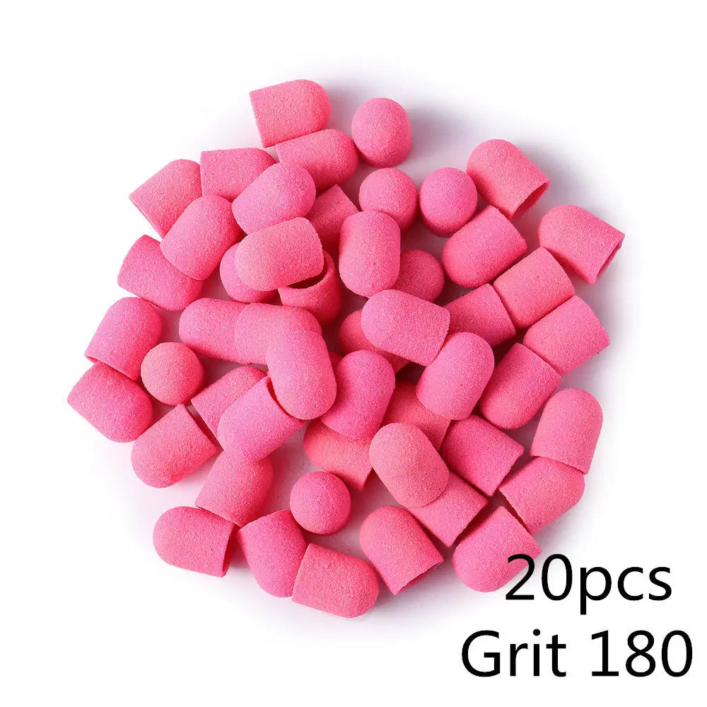 Schleifkappen 5/10/20 Stück – Verschiedene Farben & Grits (80/120/180) + Gummikopf für Nagelfräser