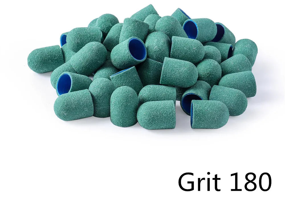 Schleifkappen 5/10/20 Stück – Verschiedene Farben & Grits (80/120/180) + Gummikopf für Nagelfräser