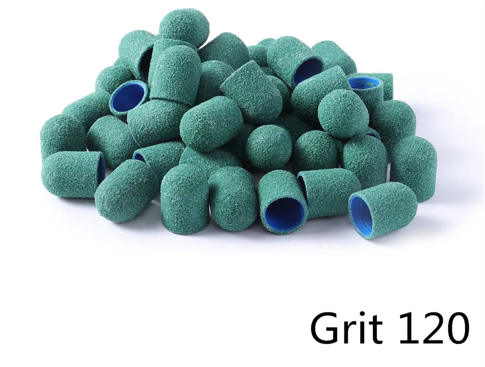 Schleifkappen 5/10/20 Stück – Verschiedene Farben & Grits (80/120/180) + Gummikopf für Nagelfräser