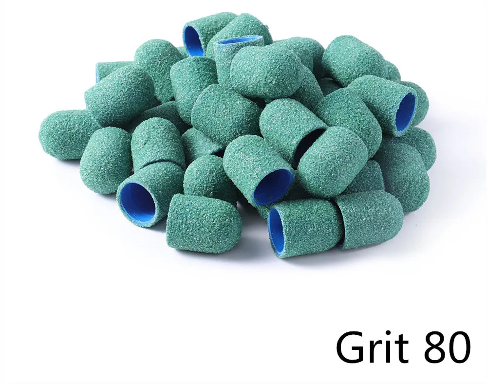 Schleifkappen 5/10/20 Stück – Verschiedene Farben & Grits (80/120/180) + Gummikopf für Nagelfräser