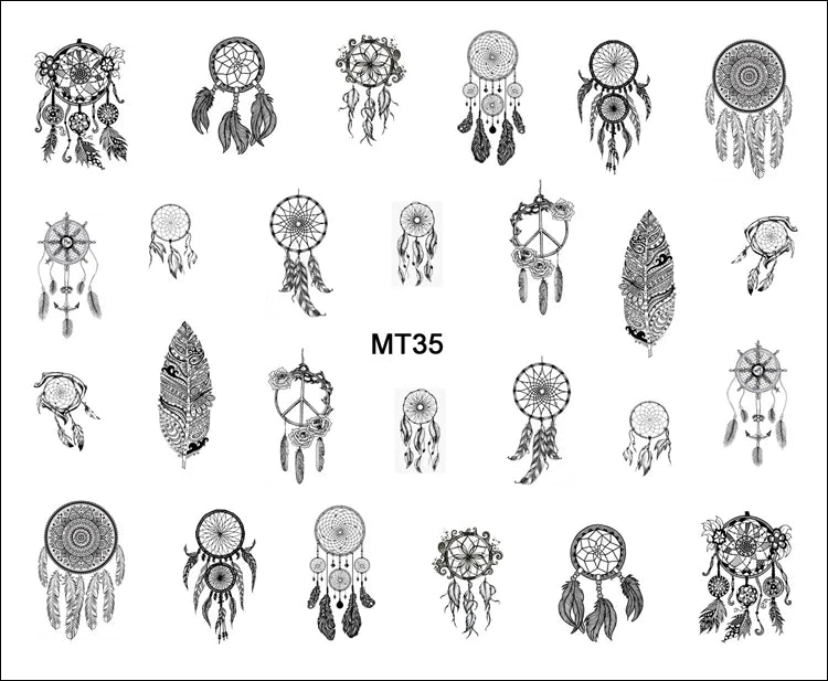 1 Bogen Nagelsticker MT35 – Schwarzer Dreamcatcher & Feder Design – Wassertransfer