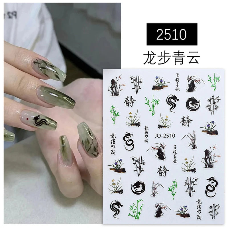 3D Nagelsticker Weißer Pflaumenblüten mit Goldperlen & Schmetterlingen 2.