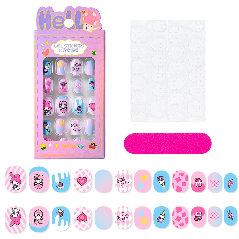 12pcs MINISO Children Press on False Nails Y2k Kawaii Cartoon Design Fake Nails Short Sqare Detachable Manicure Girls Gifts #DGL