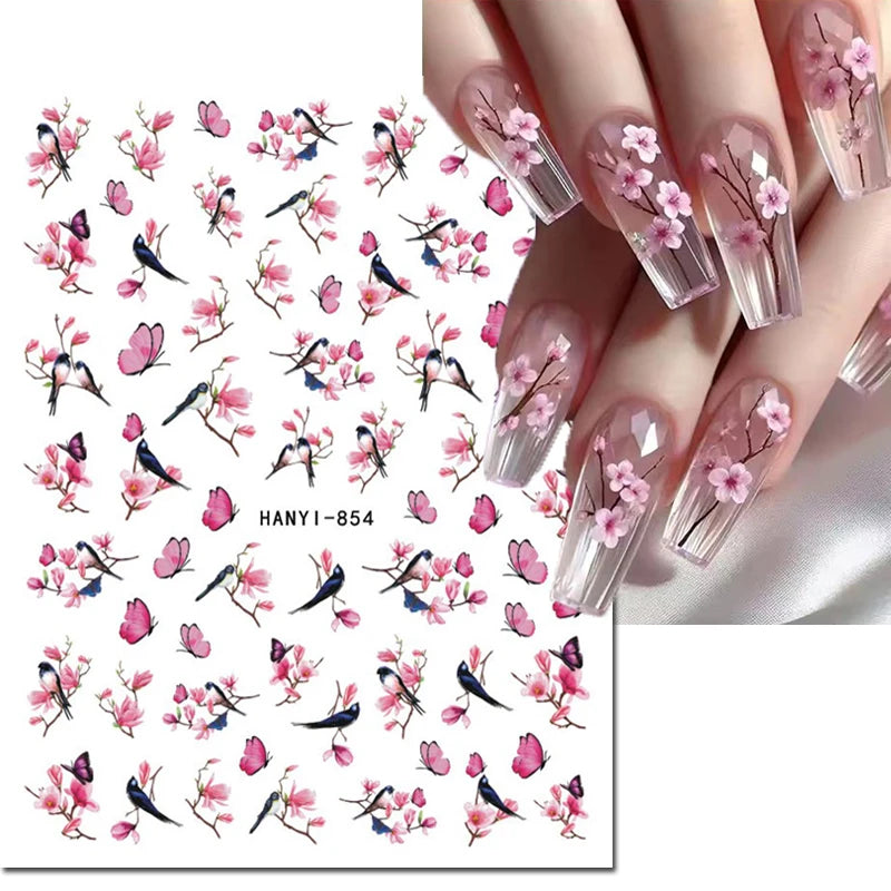 3D Nagelsticker Weißer Pflaumenblüten mit Goldperlen & Schmetterlingen 2.
