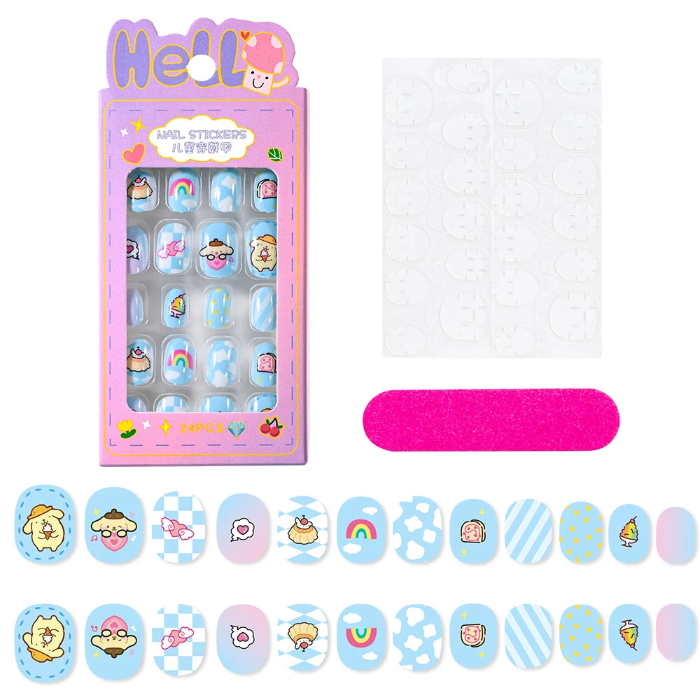 12pcs MINISO Children Press on False Nails Y2k Kawaii Cartoon Design Fake Nails Short Sqare Detachable Manicure Girls Gifts #DGL