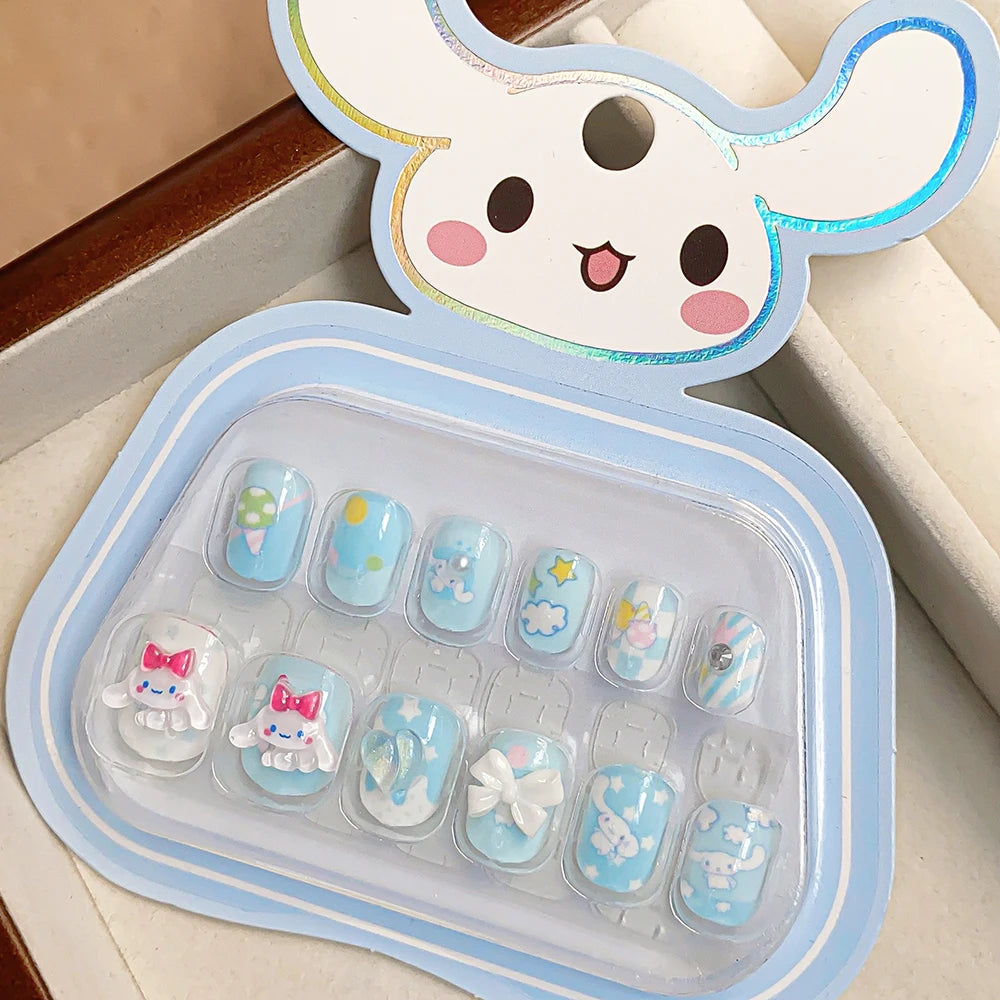 12pcs MINISO Children Press on False Nails Y2k Kawaii Cartoon Design Fake Nails Short Sqare Detachable Manicure Girls Gifts #DGL