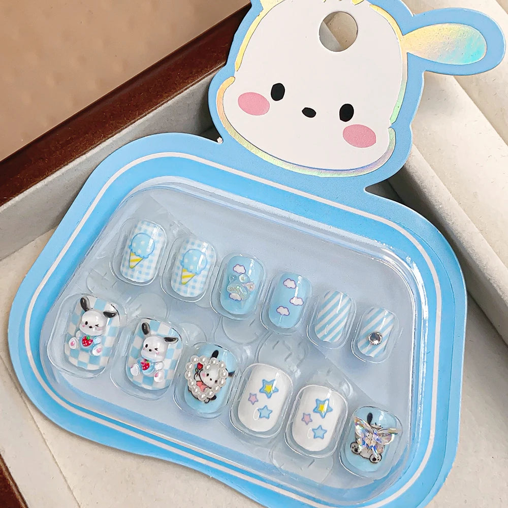 12pcs MINISO Children Press on False Nails Y2k Kawaii Cartoon Design Fake Nails Short Sqare Detachable Manicure Girls Gifts #DGL