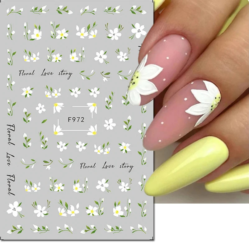 3D Nagelsticker Weißer Pflaumenblüten mit Goldperlen & Schmetterlingen 2.