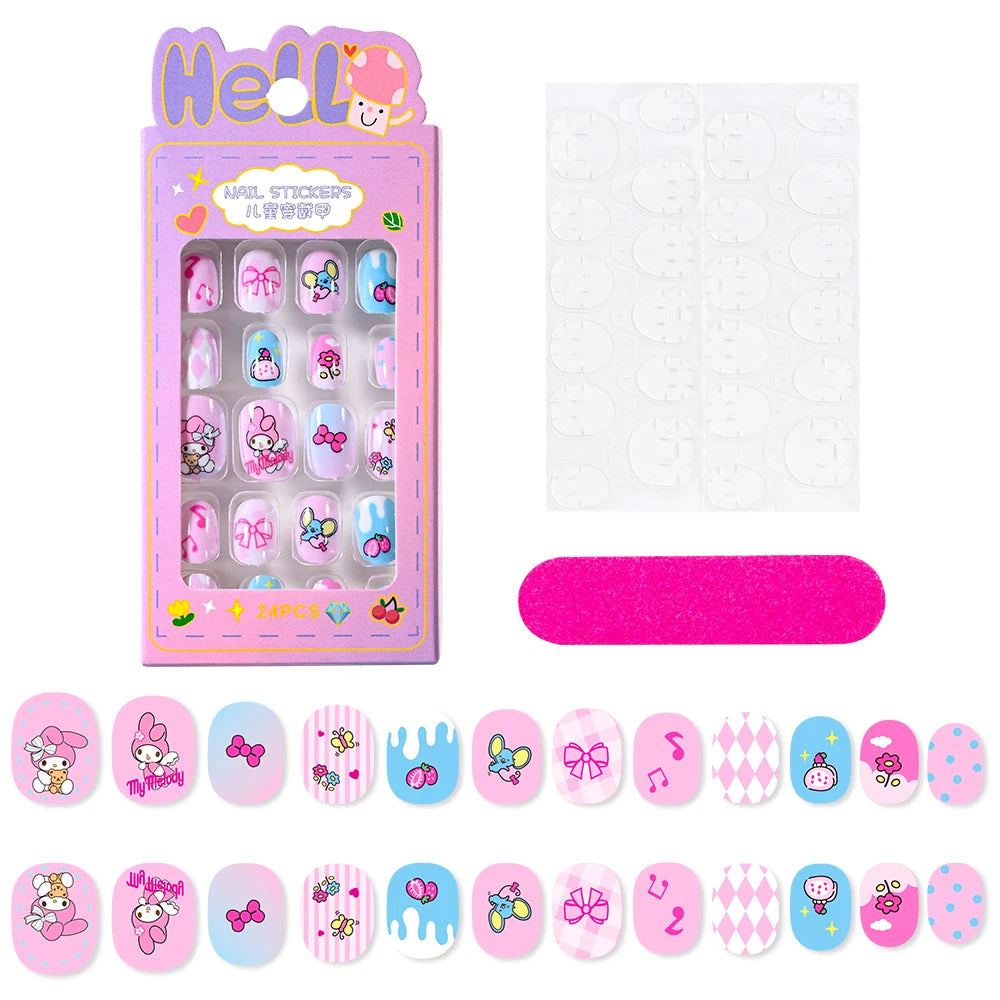 12pcs MINISO Children Press on False Nails Y2k Kawaii Cartoon Design Fake Nails Short Sqare Detachable Manicure Girls Gifts #DGL