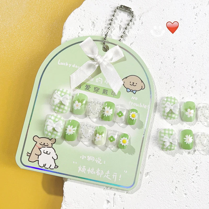 12pcs MINISO Children Press on False Nails Y2k Kawaii Cartoon Design Fake Nails Short Sqare Detachable Manicure Girls Gifts #DGL