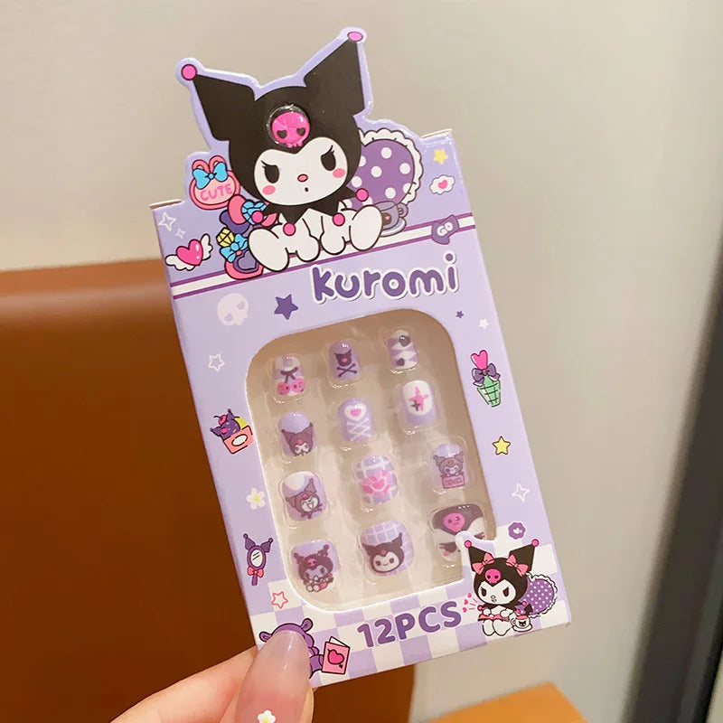 12pcs MINISO Children Press on False Nails Y2k Kawaii Cartoon Design Fake Nails Short Sqare Detachable Manicure Girls Gifts #DGL