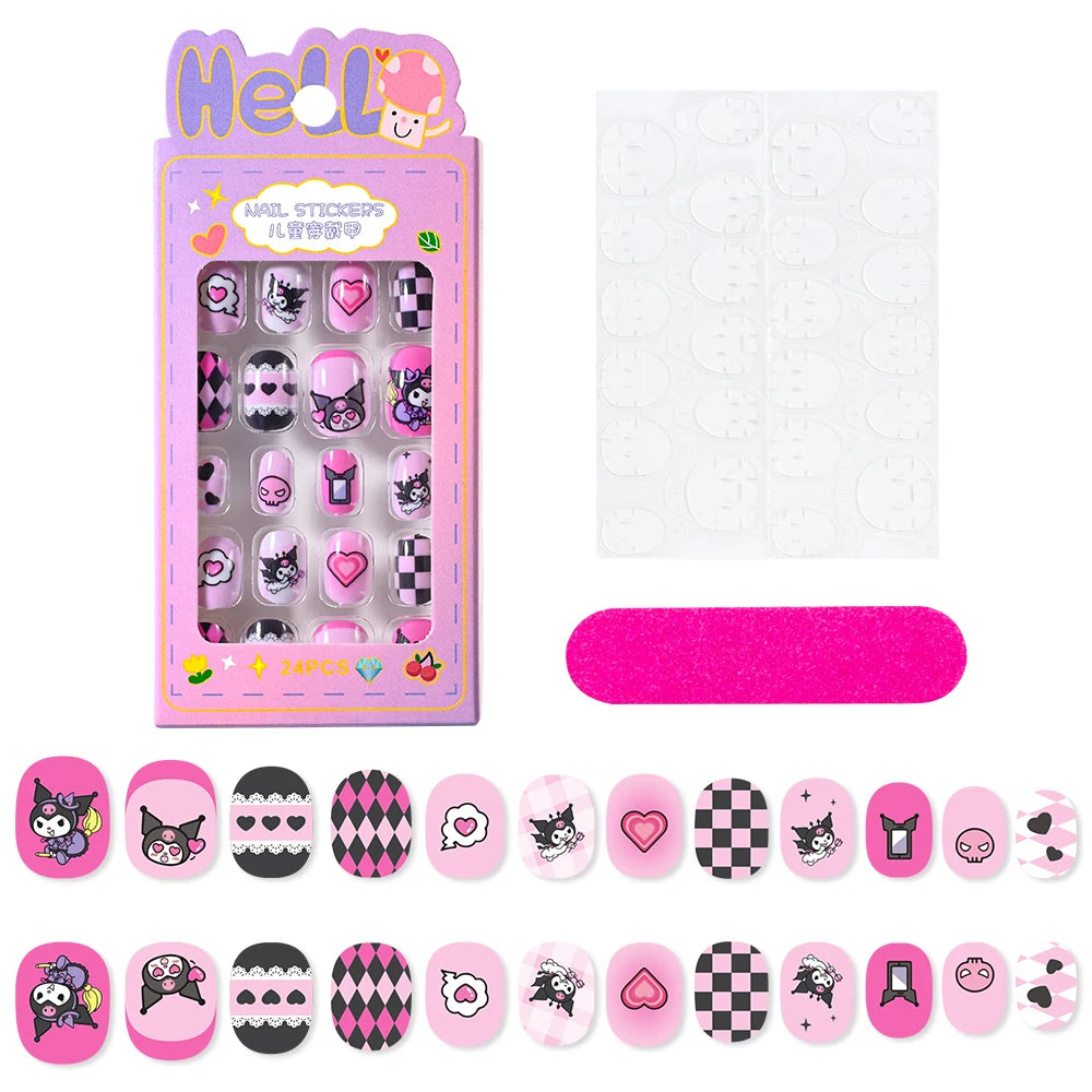 12pcs MINISO Children Press on False Nails Y2k Kawaii Cartoon Design Fake Nails Short Sqare Detachable Manicure Girls Gifts #DGL