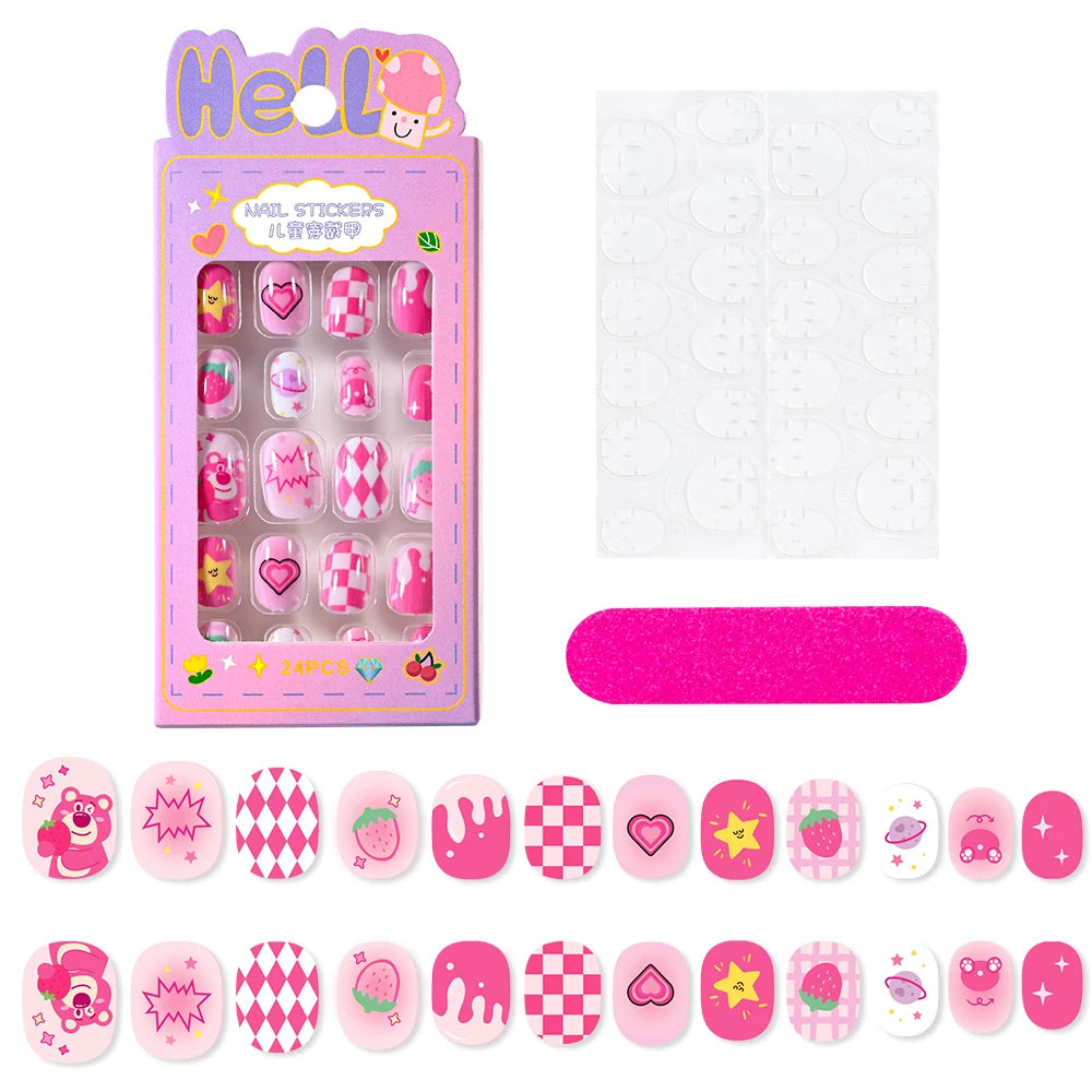 12pcs MINISO Children Press on False Nails Y2k Kawaii Cartoon Design Fake Nails Short Sqare Detachable Manicure Girls Gifts #DGL