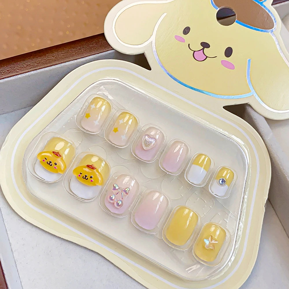 12pcs MINISO Children Press on False Nails Y2k Kawaii Cartoon Design Fake Nails Short Sqare Detachable Manicure Girls Gifts #DGL