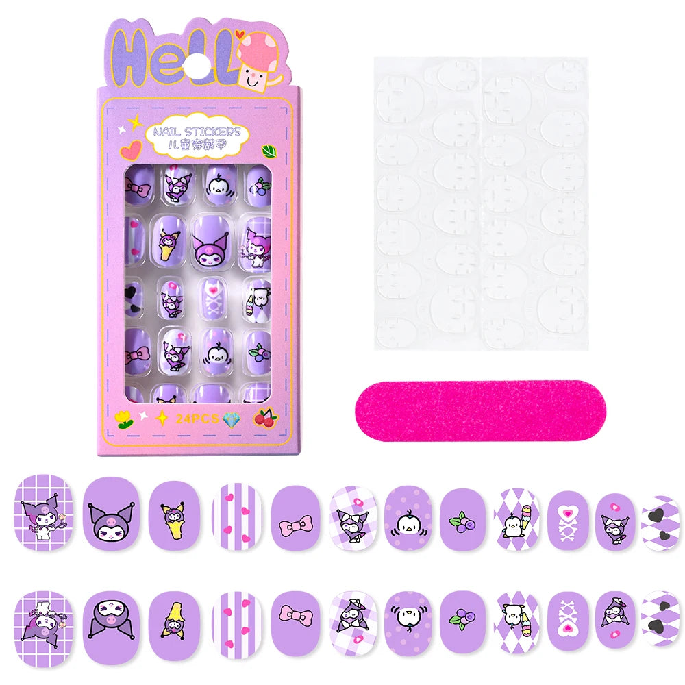 12pcs MINISO Children Press on False Nails Y2k Kawaii Cartoon Design Fake Nails Short Sqare Detachable Manicure Girls Gifts #DGL