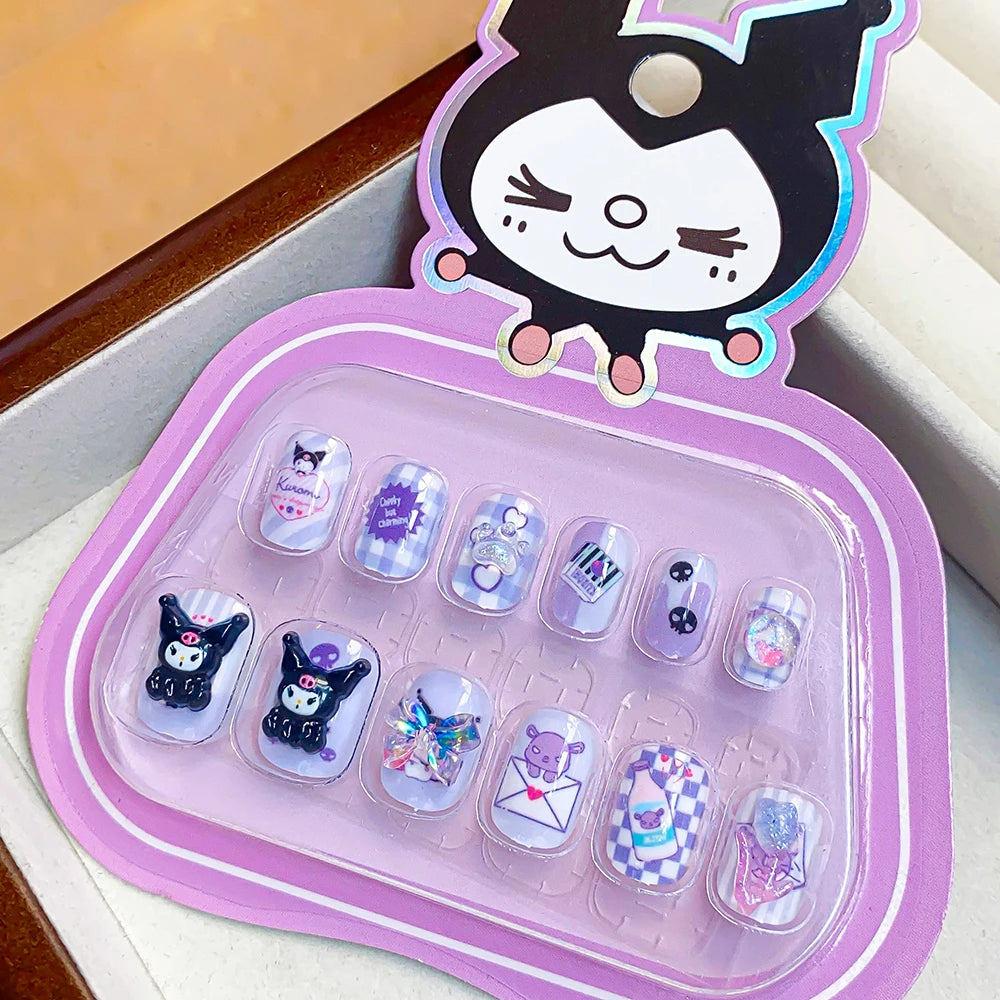12pcs MINISO Children Press on False Nails Y2k Kawaii Cartoon Design Fake Nails Short Sqare Detachable Manicure Girls Gifts #DGL