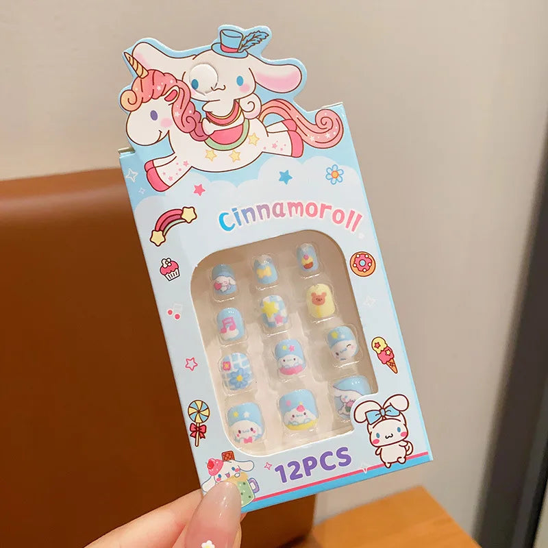 12pcs MINISO Children Press on False Nails Y2k Kawaii Cartoon Design Fake Nails Short Sqare Detachable Manicure Girls Gifts #DGL