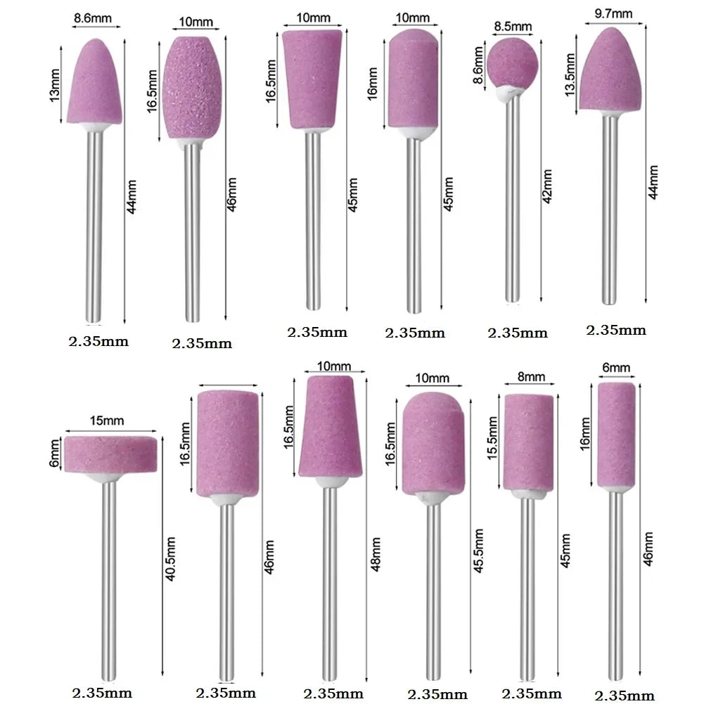 12-tlg. Schleifstein-Aufsatz-Set für Fräser – 2,35 mm Schaft – Polier- & Schleifköpfe für Nagelbohrer