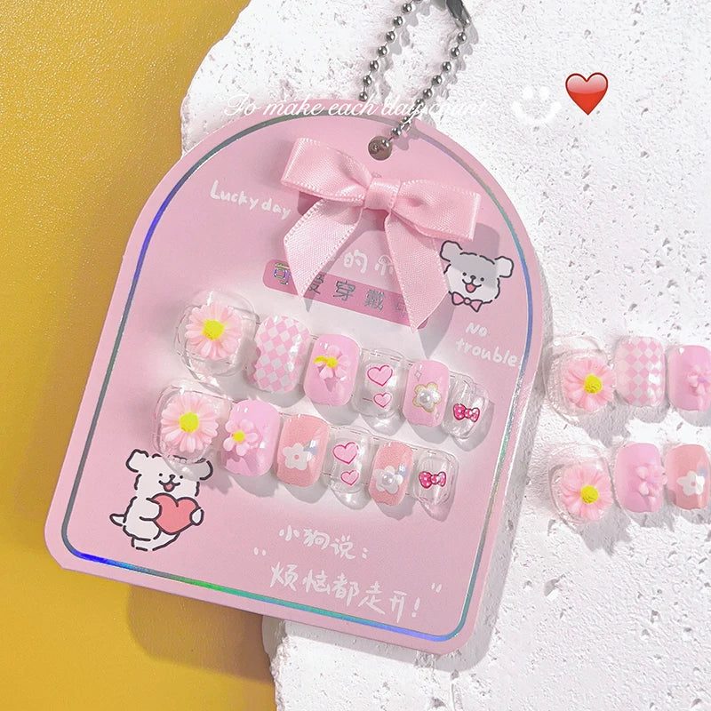 12pcs MINISO Children Press on False Nails Y2k Kawaii Cartoon Design Fake Nails Short Sqare Detachable Manicure Girls Gifts #DGL