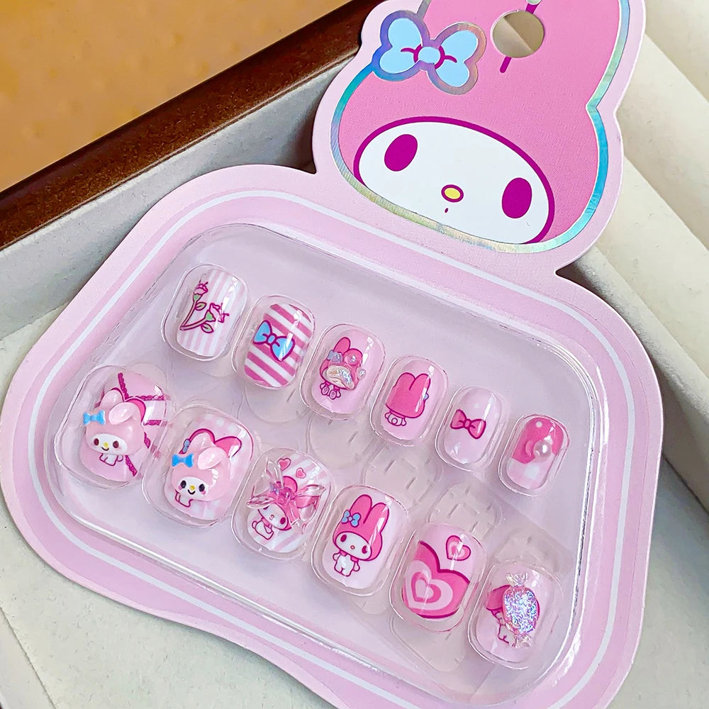 12pcs MINISO Children Press on False Nails Y2k Kawaii Cartoon Design Fake Nails Short Sqare Detachable Manicure Girls Gifts #DGL