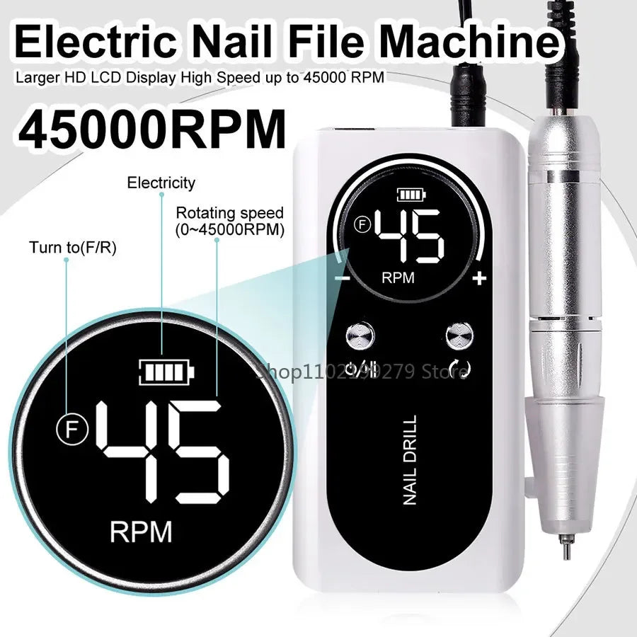 NEW Professional 45000RPM Electric Portable Nail Drill Machine Rechargeable Low Noise Nail Sander File for Manicure Salon Tool