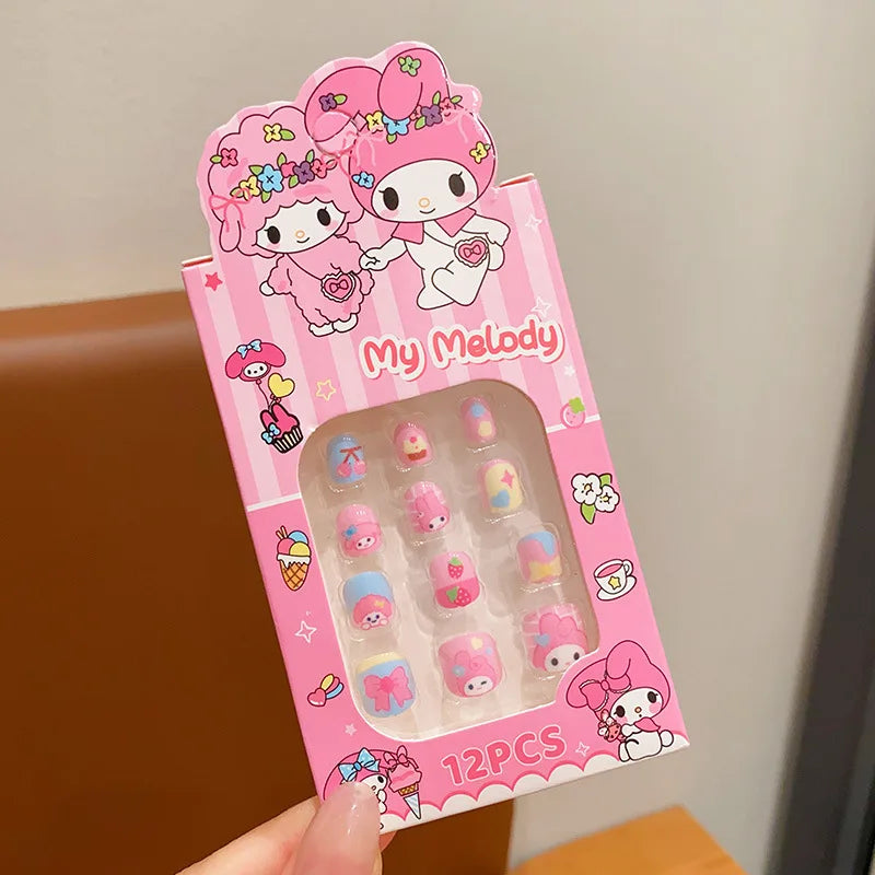 12pcs MINISO Children Press on False Nails Y2k Kawaii Cartoon Design Fake Nails Short Sqare Detachable Manicure Girls Gifts #DGL