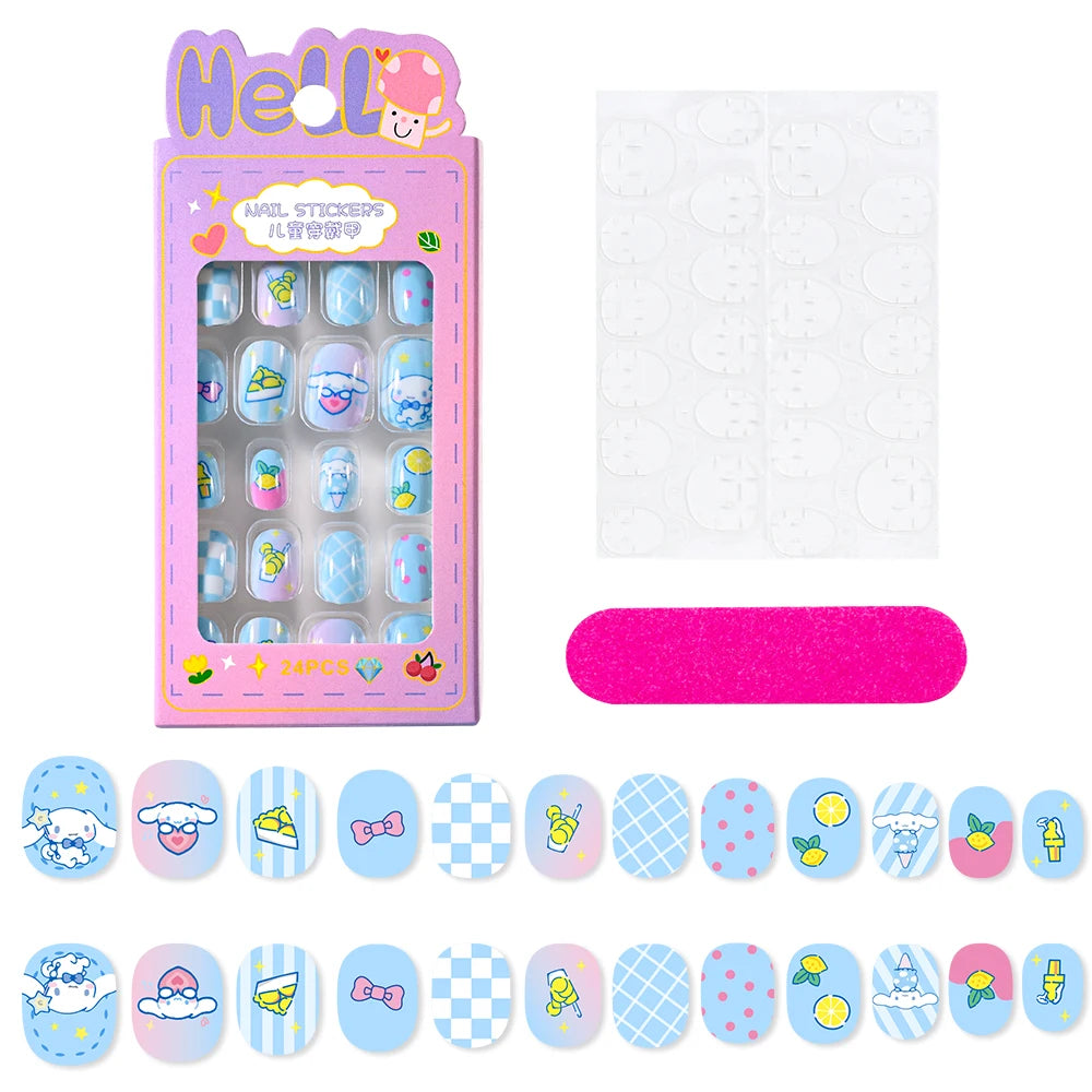 12pcs MINISO Children Press on False Nails Y2k Kawaii Cartoon Design Fake Nails Short Sqare Detachable Manicure Girls Gifts #DGL
