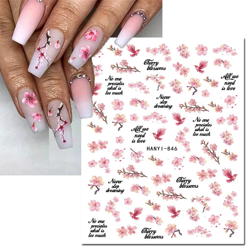 3D Nagelsticker Weißer Pflaumenblüten mit Goldperlen & Schmetterlingen 2.