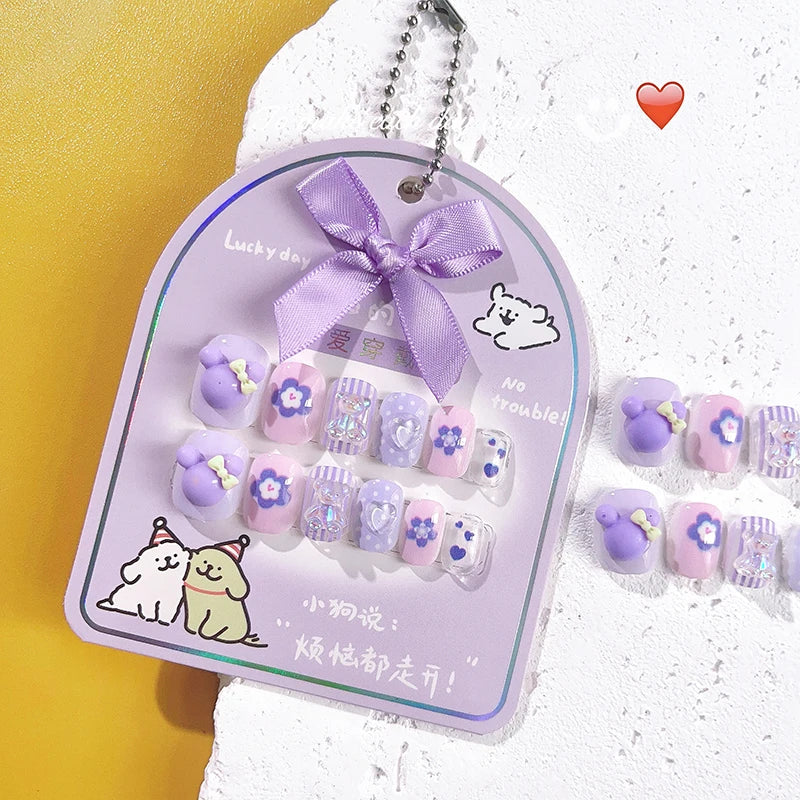 12pcs MINISO Children Press on False Nails Y2k Kawaii Cartoon Design Fake Nails Short Sqare Detachable Manicure Girls Gifts #DGL