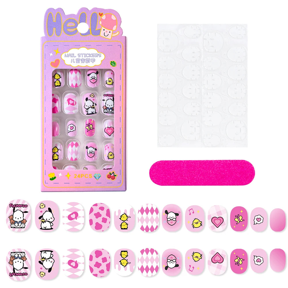 12pcs MINISO Children Press on False Nails Y2k Kawaii Cartoon Design Fake Nails Short Sqare Detachable Manicure Girls Gifts #DGL