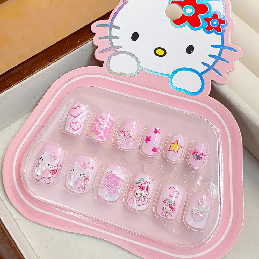 12pcs MINISO Children Press on False Nails Y2k Kawaii Cartoon Design Fake Nails Short Sqare Detachable Manicure Girls Gifts #DGL