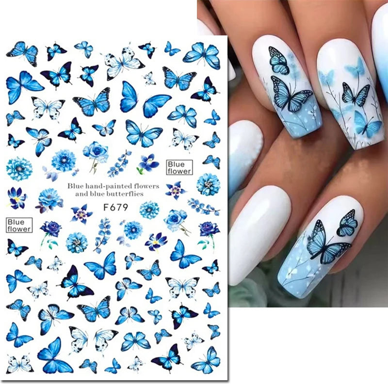 3D Nagelsticker Weißer Pflaumenblüten mit Goldperlen & Schmetterlingen 2.