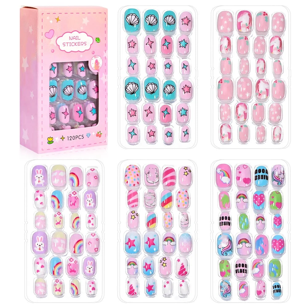 Kinder Press-On Nägel – 5er Set (120 Stück) | Bunt & Süßigkeiten-Design