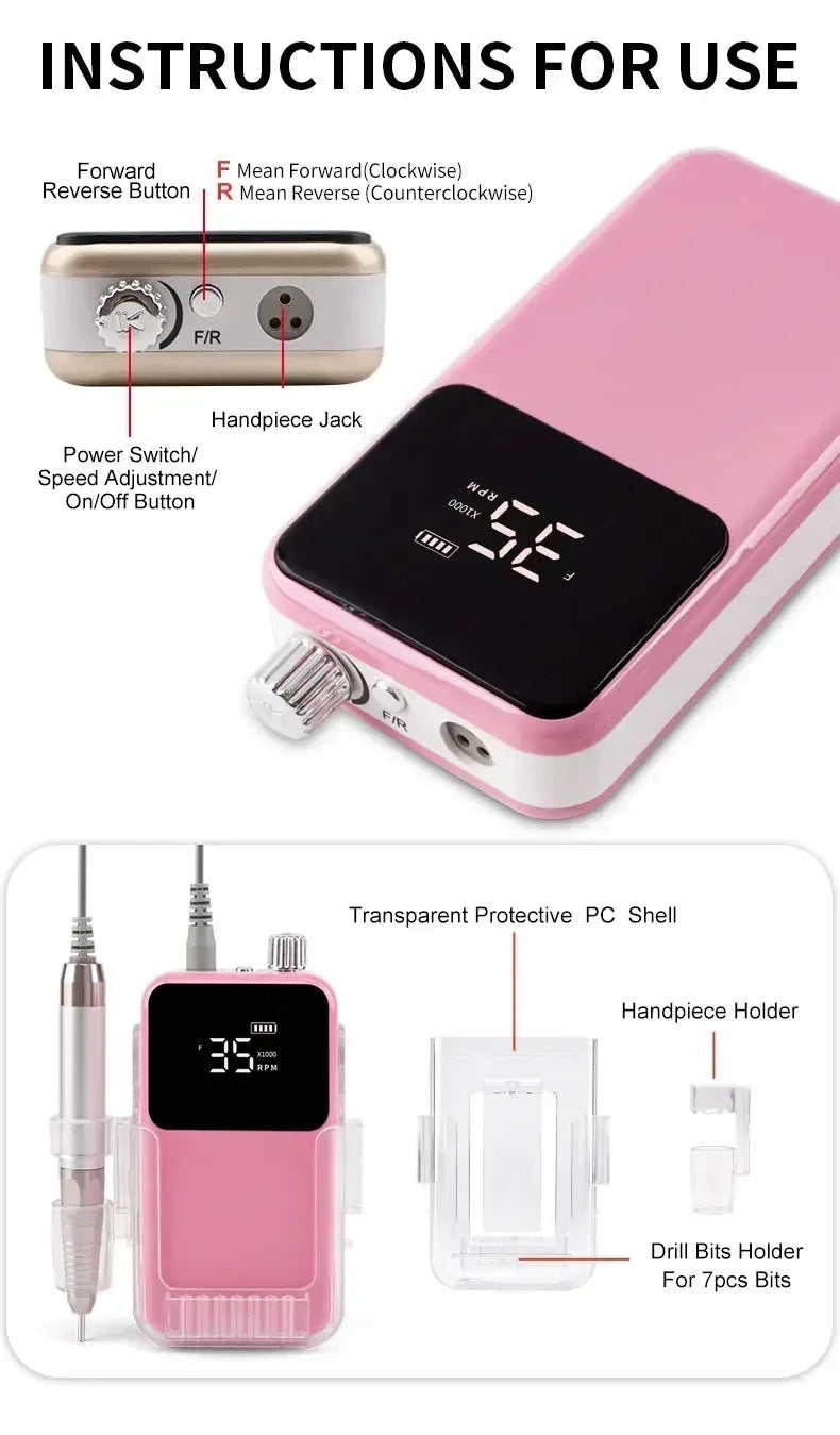 Kabellose Nagelfräse 85 W – 35.000 U/min Profi Brushless Nail Drill für Studio & Zuhause