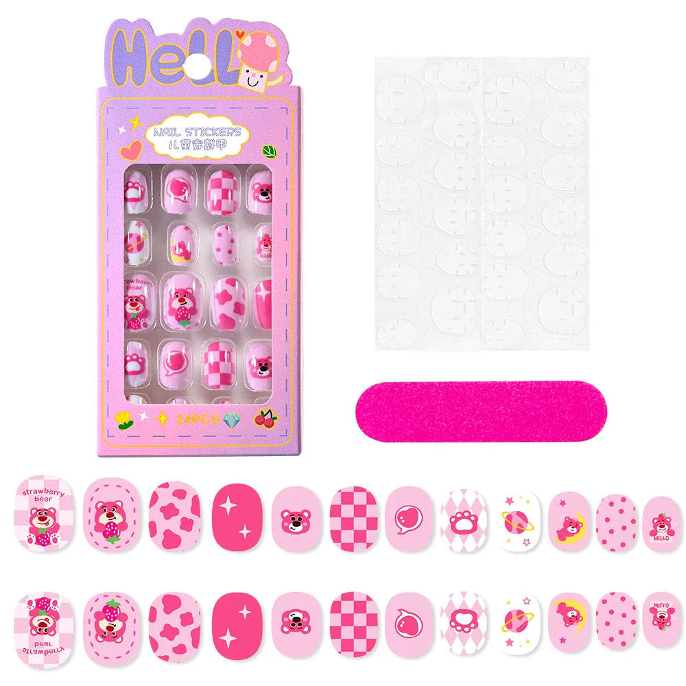 12pcs MINISO Children Press on False Nails Y2k Kawaii Cartoon Design Fake Nails Short Sqare Detachable Manicure Girls Gifts #DGL