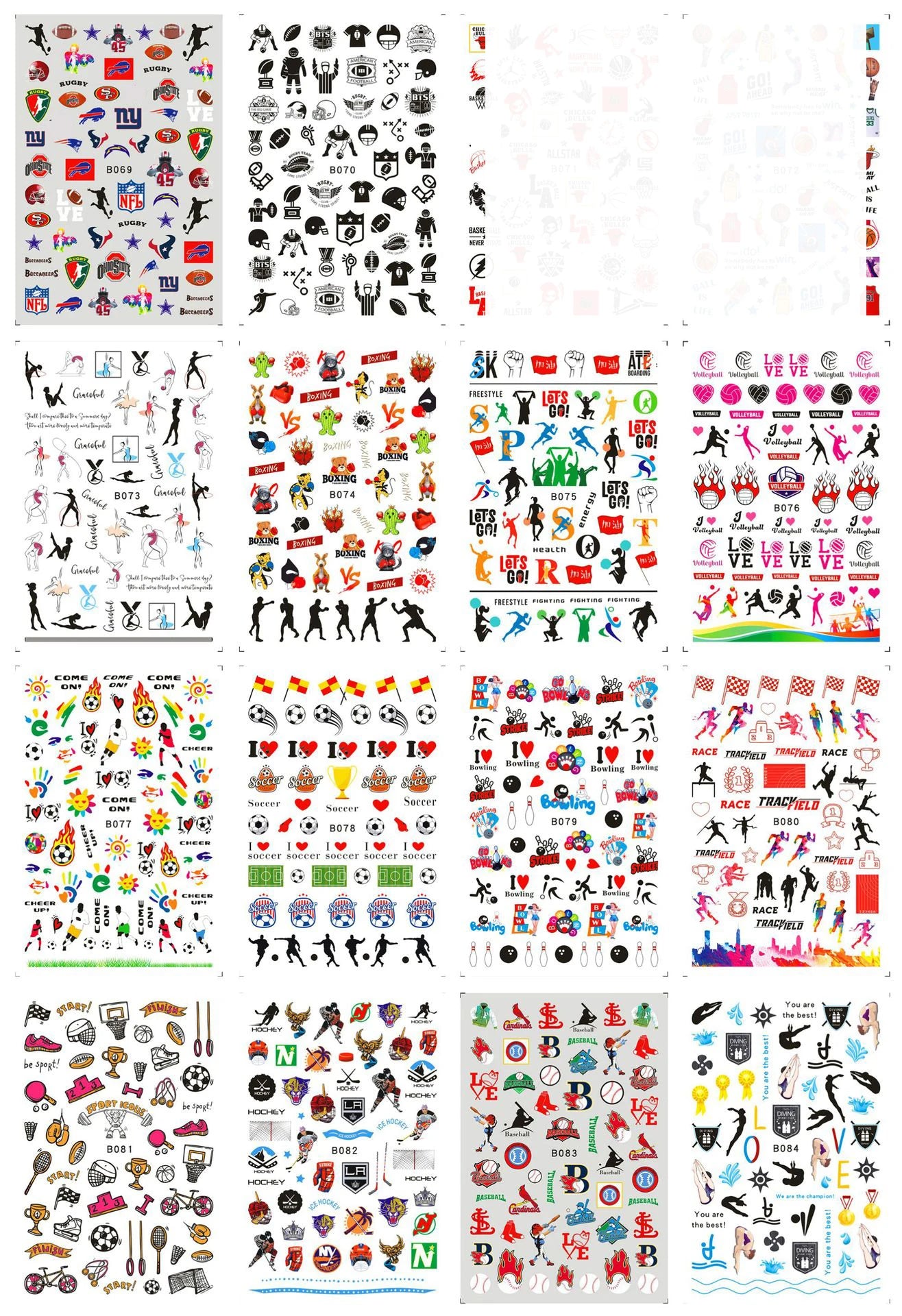 16 Sheets Various Pop Sports Elements American Football Diving Bowling Adhesive Nail Art Sticker Decals Manicure Supplies Tips