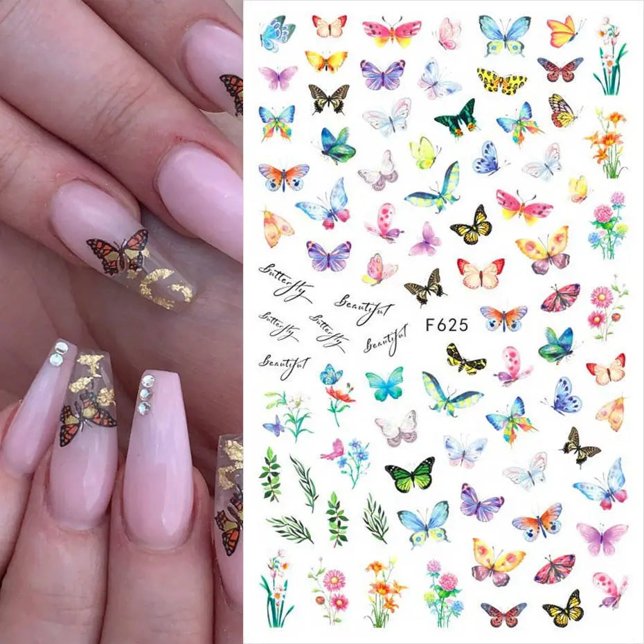 3D Nagelsticker Weißer Pflaumenblüten mit Goldperlen & Schmetterlingen 2.