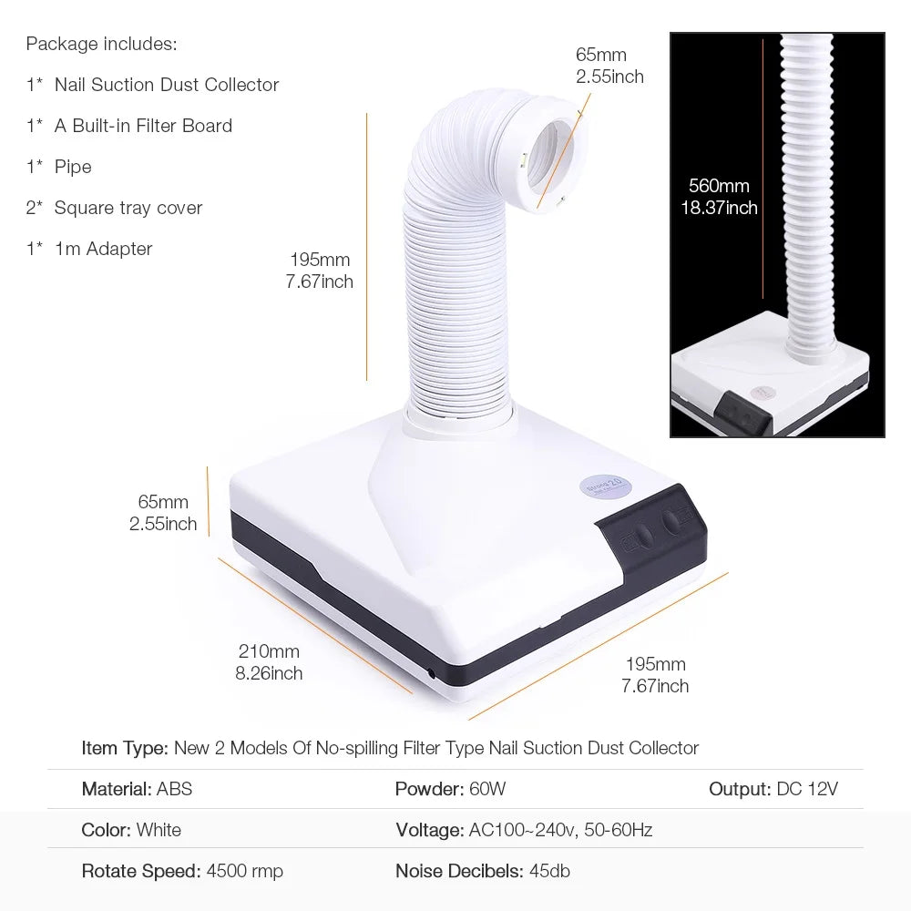 Foreverlily 60W Profi-Nagelstaubabsaugung mit flexibler Absaugarm | Doppelmodus & LED-Licht | Maniküre Staubsauger mit Schlauch