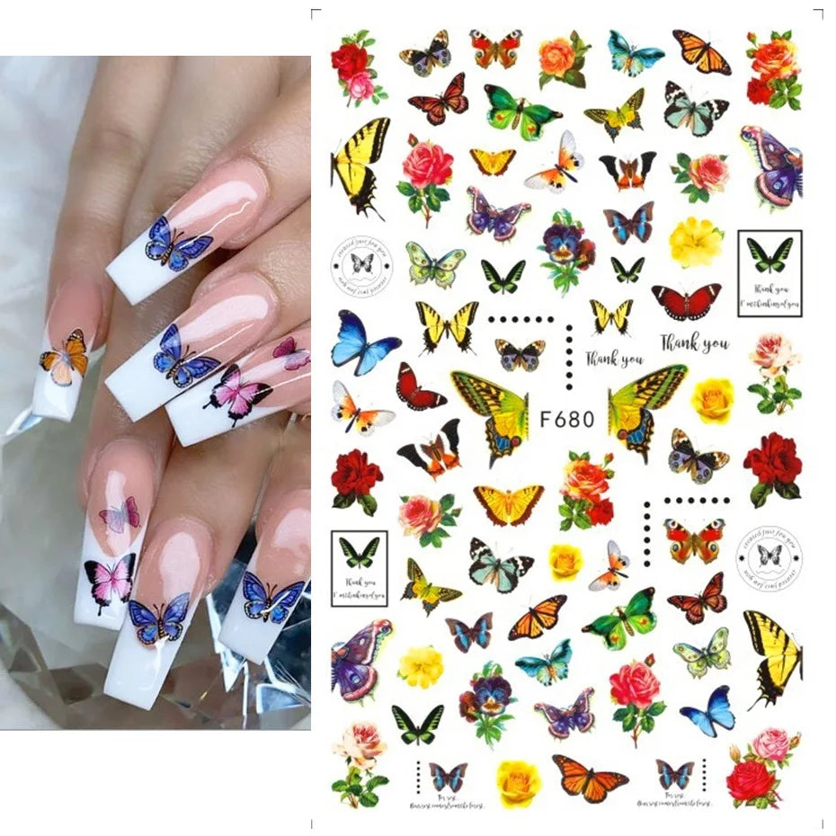 3D Nagelsticker Weißer Pflaumenblüten mit Goldperlen & Schmetterlingen 2.