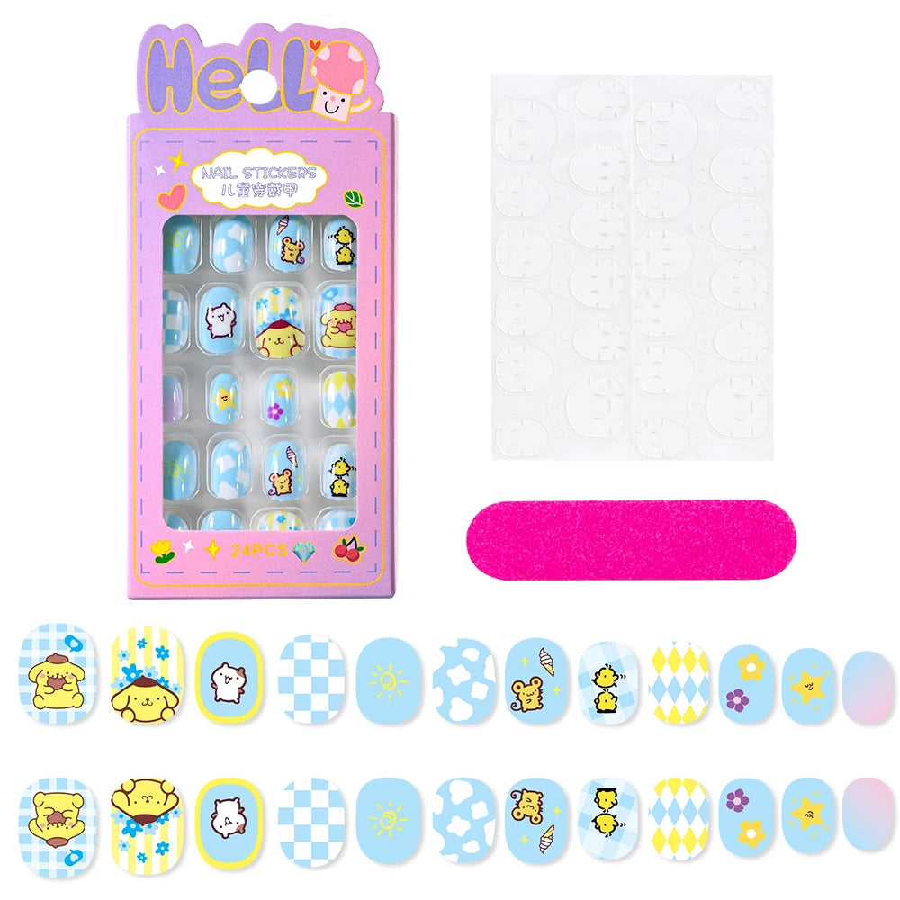 12pcs MINISO Children Press on False Nails Y2k Kawaii Cartoon Design Fake Nails Short Sqare Detachable Manicure Girls Gifts #DGL
