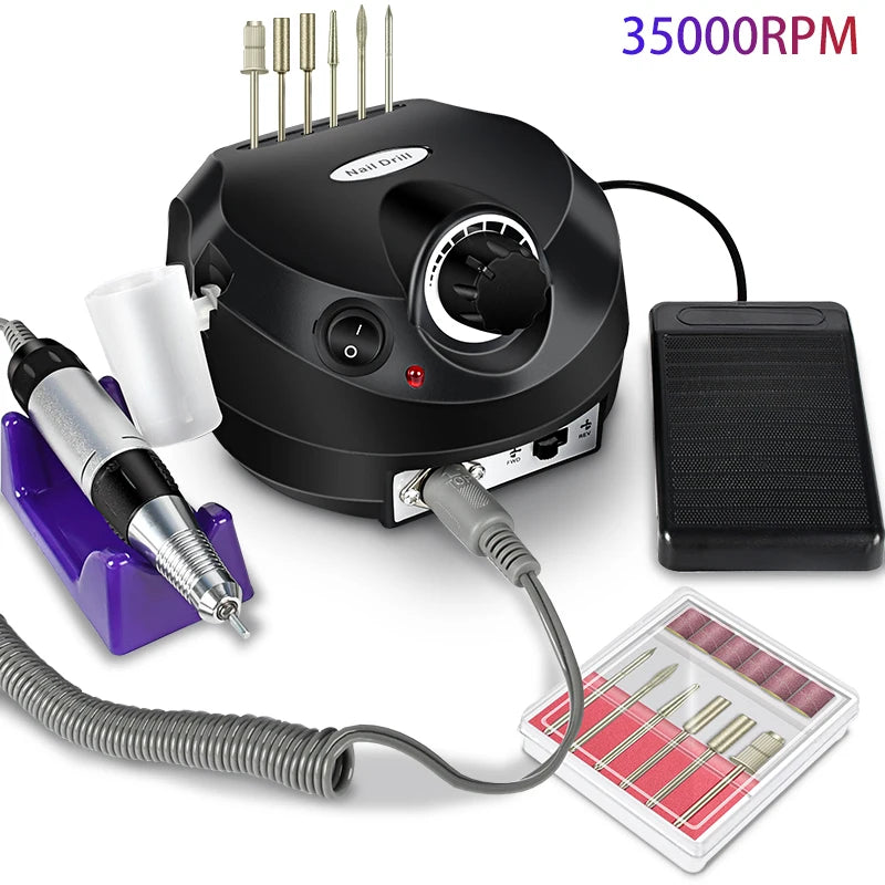 Elektrische Nagelfräse 35000 U/min – Profi-Maniküregerät mit Bits & Fußpedal (Schwarz)