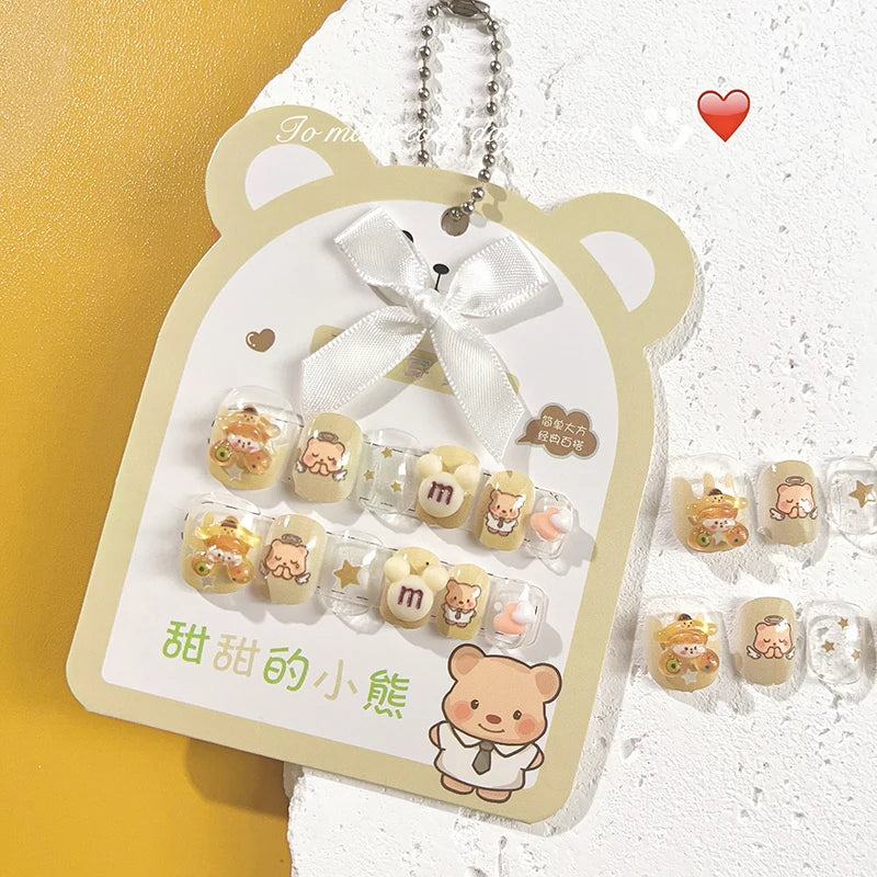 12pcs MINISO Children Press on False Nails Y2k Kawaii Cartoon Design Fake Nails Short Sqare Detachable Manicure Girls Gifts #DGL